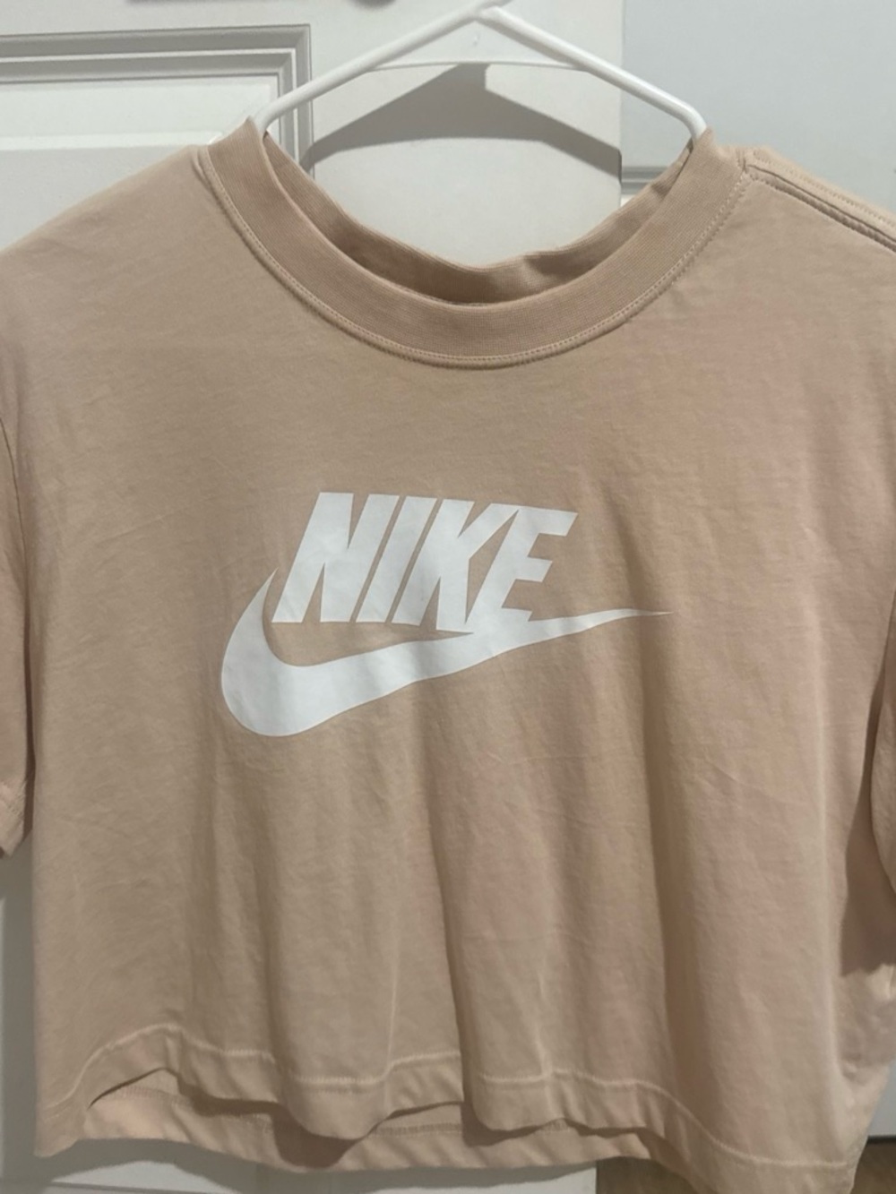 Nike Beige Crop Logo Tee with White Swoosh